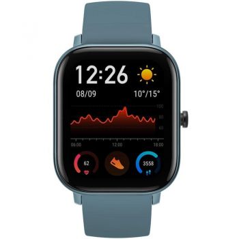 SmartWatch Amazfit GTS, Steel Blue, curea silicon, Bluetooth si senzor PPG, recomandat pentru inot