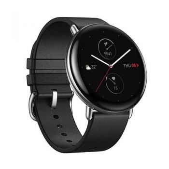 Ceas inteligent Smartwatch Huami Amazfit Zepp E ROUND, Amoled 1.28inch, Carcasa otel, Bluetooth 5.0, Curea piele 42mm, Waterproof 5ATM (Negru)