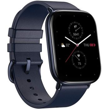 Ceas inteligent Smartwatch Huami Amazfit Zepp E SQUARE, Amoled 1.65inch, Carcasa otel, Bluetooth 5.0, Curea piele 43mm, Waterproof 5ATM (Albastru)