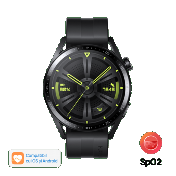 Ceas inteligent Smartwatch Huawei Watch GT 3 Active, Display AMOLED 1.43inch, 32MB RAM, 4GB Flash, Bluetooth, GPS, Carcasa Otel, Bratara Fluoroelastomer , Rezistent la apa, Android/iOS (Negru) ieftin