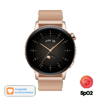 Ceas inteligent Smartwatch Huawei Watch GT 3 Elegant, Display AMOLED 1.32inch, 32MB RAM, 4GB Flash, Bluetooth, GPS, Carcasa Otel, Bratara Otel, Rezistent la apa, Android/iOS (Auriu)