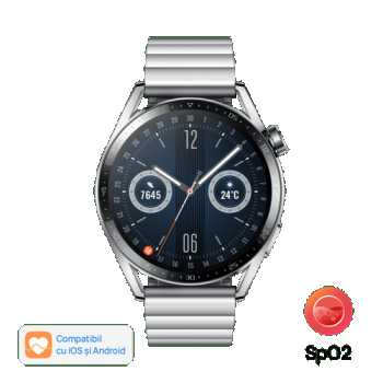 Ceas inteligent Smartwatch Huawei Watch GT 3 Elite, Display AMOLED 1.43inch, 32MB RAM, 4GB Flash, Bluetooth, GPS, Carcasa Otel, Bratara Otel, Rezistent la apa, Android/iOS (Argintiu)