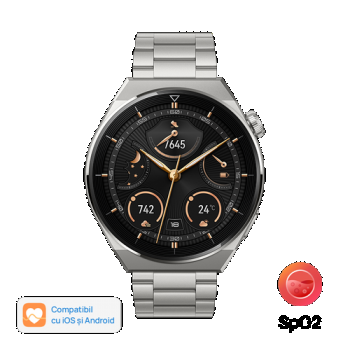 Ceas inteligent Smartwatch Huawei Watch GT 3 Pro Odin-B19M, Display AMOLED 1.43inch, 32MB RAM, 4GB Flash, Bluetooth, GPS, Carcasa titan 46mm, Bratara titan, Rezistent la apa, Android/iOS (Argintiu) de firma original