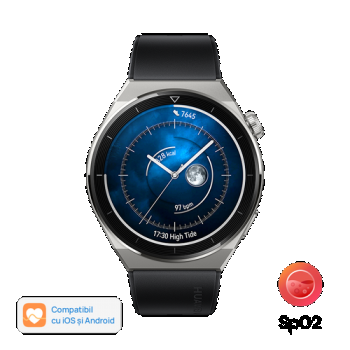Ceas inteligent Smartwatch Huawei Watch GT 3 Pro Odin-B19S, Display AMOLED 1.43inch, 32MB RAM, 4GB Flash, Bluetooth, GPS, Carcasa titan 46mm, Bratara Fluoroelastomer, Rezistent la apa, Android/iOS (Negru)