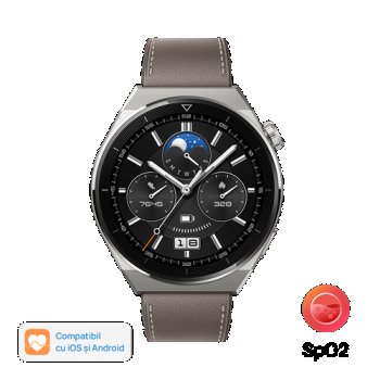 Ceas inteligent Smartwatch Huawei Watch GT 3 Pro Odin-B19S, Display AMOLED 1.43inch, 32MB RAM, 4GB Flash, Bluetooth, GPS, Carcasa titan 46mm, Bratara piele, Rezistent la apa, Android/iOS (Gri)