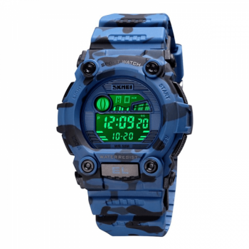 Ceas de copii militar SKMEI 1635 digital. Cronometru data saptamana alarma waterproof 5ATM albastru camuflaj