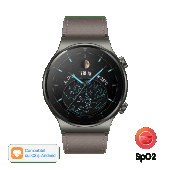 Ceas inteligent Smartwatch Huawei Watch GT 2 Pro, Display AMOLED 1.39inch, 32MB RAM, 4GB Flash, Bluetooth, GPS, Carcasa Titan, Bratara Piele, Rezistent la apa, Android/iOS (Gri)