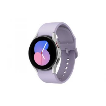 Ceas inteligent Smartwatch Samsung Galaxy Watch 5 SM-R900, Procesor Exynos W920, ecran 1.2inch, 1.5GB RAM, 16GB Flash, Bluetooth 5.2, Carcasa Aluminiu, 40mm, Bratara silicon, Waterproof 5ATM (Argintiu/Mov)
