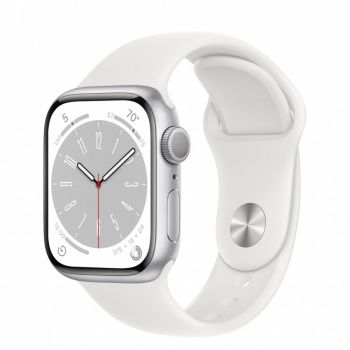 Apple Watch 8, GPS, Carcasa Silver Aluminium 41mm, White Sport Band