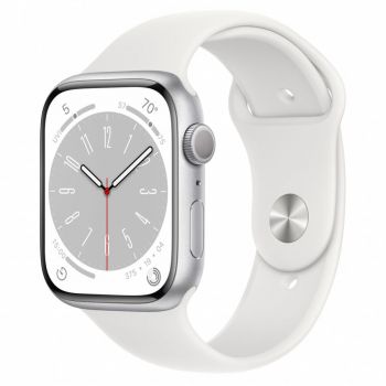 Apple Watch 8, GPS, Carcasa Silver Aluminium 45mm, White Sport Band