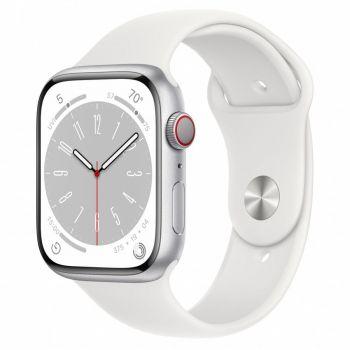 Apple Watch 8, GPS, Cellular, Carcasa Silver Aluminium 45mm, White Sport Band