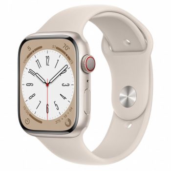 Apple Watch 8, GPS, Cellular, Carcasa Starlight Aluminium 45mm, Starlight Sport Band