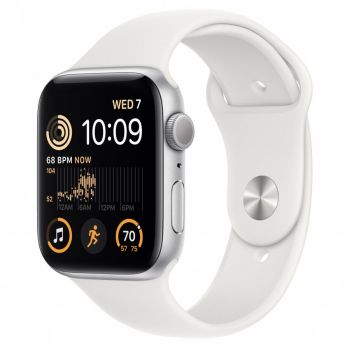 Apple Watch SE 2 (2022), GPS, Carcasa Silver Aluminium 44mm, White Sport Band