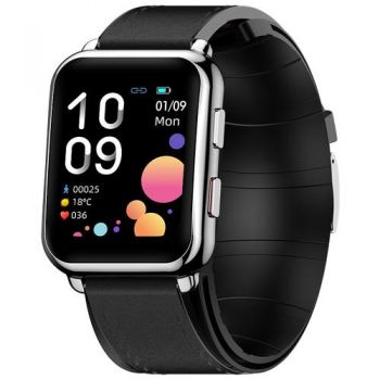 Ceas inteligent Smartwatch iSEN Watch P80 Silver cu bratara neagra din piele, 1.65inch HD, Tensiometru cu manseta gonflabila, Ritm cardiac, Temperatura, Oxigen