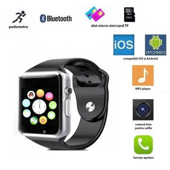 Ceas smart bluetooth 4.0, functie telefon, camera 3 MP, 17 functii, touchscreen, negru ieftin