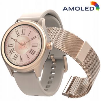 Ceas smartwatch dama AW-100 Premium AMOLED Bluetooth 5.0 IP68 Curea Silicon + Metal