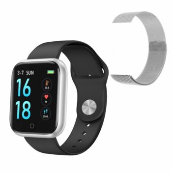 Ceas SmartWatch Loomax cu doua curele (metalica argintie, silicon neagra), SmartTime 80, 1.3`` OLED Display, Model T80, Notificari retele sociale, Monitorizare Ritm Cardiac, Tensiune arteriala, Pedometru, Photo Control de firma original