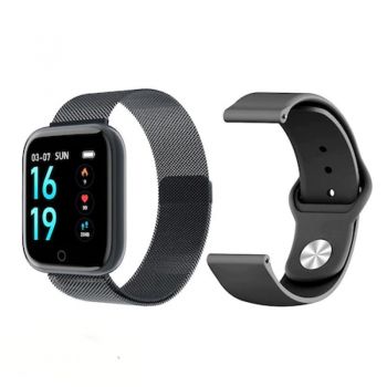 Ceas SmartWatch Loomax cu doua curele (metalica neagra, silicon neagra), SmartTime 80, 1.3`` OLED Display, Model T80, Notificari retele sociale, Monitorizare Ritm Cardiac, Tensiune arteriala, Pedometru, Photo Control ieftin