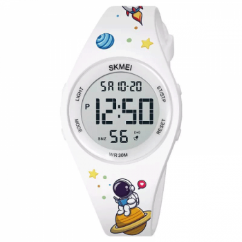 Ceas copii SKMEI 1865 cu alarma cronometru calendar si afisaj digital dual time ora 12/24 rezistenta la apa 5 bar black light diametru 37 mm si bratara din silicon cu design animat Astronaut alb