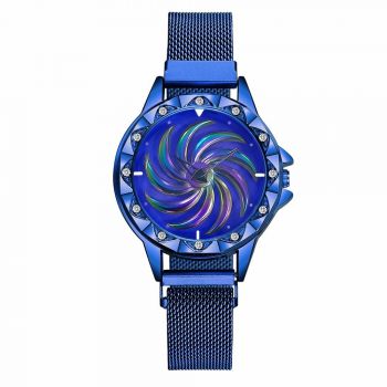 Ceas dama GENEVA CS1168, model Starry Sky, bratara magnetica, cadran rotativ,elegant, albastru