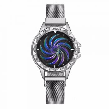 Ceas dama GENEVA CS1170, model Starry Sky, bratara magnetica, cadran rotativ, elegant, argintiu