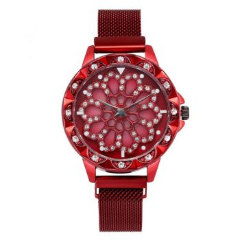 Ceas de dama elegant Geneva, bratara magnetica, cadran rotativ, model rosu, CS1018