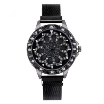 Ceas de dama elegant Geneva CS1013, bratara magnetica, cadran rotativ, model negru, CS1013