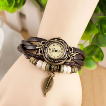 Ceas de dama Retro Vintage CS01, curea din piele, accesoriu frunza, culoare Maro