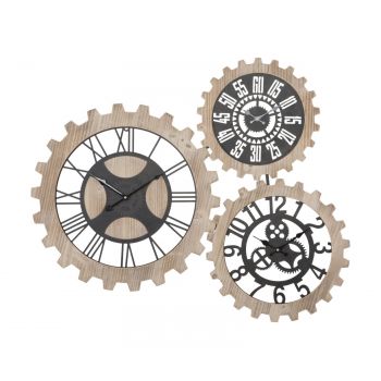 Ceas de perete Three Gears Natural / Negru, 93 x 74 cm
