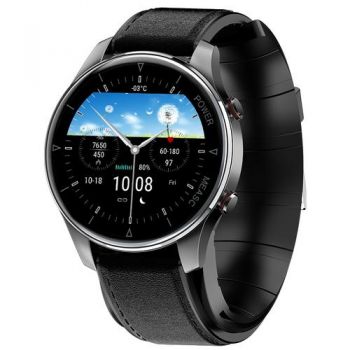 Ceas inteligent Smartwatch DualStore iSEN Watch P50, cu bratara neagra din piele, 1.3inch, Tensiometru cu manseta gonflabila, Temperatura, Oxigen, Negru