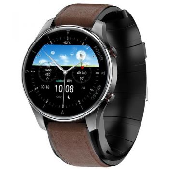 Ceas inteligent Smartwatch DualStore iSEN Watch P50, Negru cu bratara maro inchis din piele, 1.3inch, Tensiometru cu manseta gonflabila, Temperatura, Oxigen