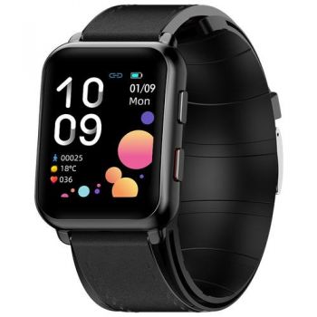 Ceas inteligent Smartwatch iSEN Watch P80, cu bratara neagra din piele, 1.65inch HD, Tensiometru cu manseta gonflabila, Ritm cardiac, Temperatura, Oxigen, Negru