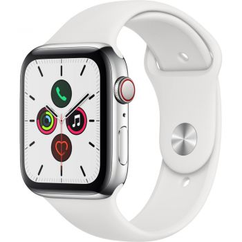 Apple Watch Series 5 GPS + Cellular, 44mm, Silver, Stainless Steel Case, White Sport Band