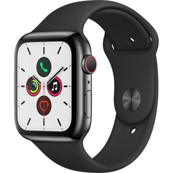 Apple Watch Series 5 GPS + Cellular, 44mm, Space Black, Stainless Steel Case, Black Sport Band
