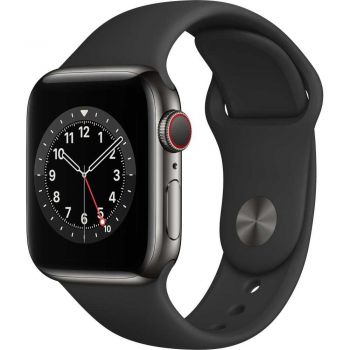 Apple Watch Series 6 GPS + Cellular, 40mm, Graphite, Stainless Steel Case, Black Sport Band