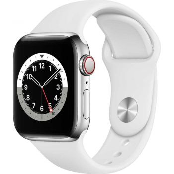 Apple Watch Series 6 GPS + Cellular, 40mm, Silver, Stainless Steel Case, White Sport Band