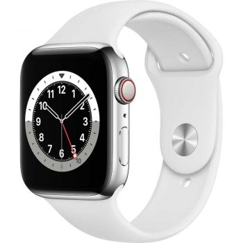 Apple Watch Series 6 GPS + Cellular, 44mm, Silver, Stainless Steel Case, White Sport Band