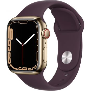 Apple Watch Series 7 GPS + Cellular, 41mm, Gold Stainless Steel Case, Dark Cherry Sport Band