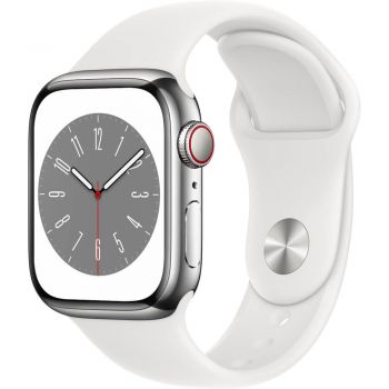 Apple Watch Series 8 GPS + Cellular, 41mm, Silver Stainless Steel Case, White Sport Band