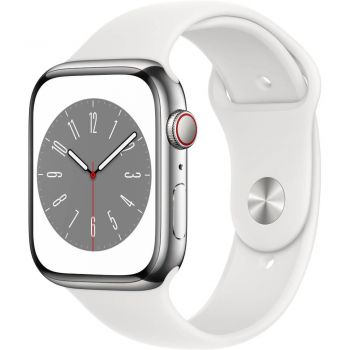 Apple Watch Series 8 GPS + Cellular, 45mm, Silver Stainless Steel Case, White Sport Band