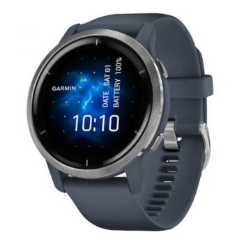 Smartwatch Garmin Venu 2, 45 mm, GPS, Rama Argintie, Curea Albastru granit