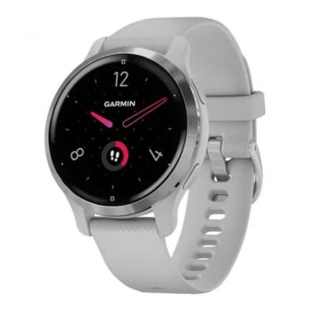Smartwatch Garmin Venu 2S, 40 mm, GPS, Wi-Fi, rama Silver, carcasa si curea Mist Grey