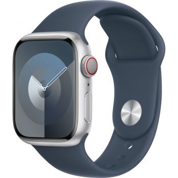 Apple Watch S9, Cellular, 41mm, Silver Aluminium Case, Storm Blue Sport Band, M/L de firma original