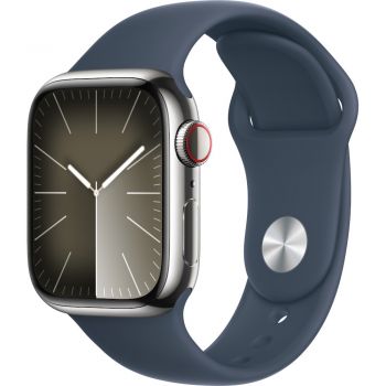 Apple Watch S9, Cellular, 41mm, Silver Stainless Steel Case, Storm Blue Sport Band, M/L
