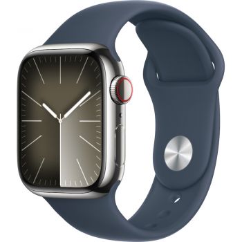 Apple Watch S9, Cellular, 41mm, Silver Stainless Steel Case, Storm Blue Sport Band, M/L de firma original