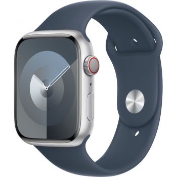 Apple Watch S9, Cellular, 45mm, Silver Aluminium Case, Storm Blue Sport Band, M/L de firma original