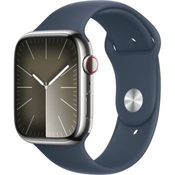 Apple Watch S9, Cellular, 45mm, Silver Stainless Steel Case, Storm Blue Sport Band, M/L de firma original