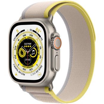 SmartWatch Apple Watch Ultra, 49mm Titanium cu Yellow/Beige Trail Loop S/M, GPS + Cellular