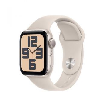 Ceas inteligent Smartwatch Apple Watch SE (2023) GPS, Retina LTPO OLED Capacitive touchscreen 1.57inch, Bluetooth, Wi-Fi, Bratara Silicon M/L, Carcasa Aluminiu 40mm, Rezistent la apa (Bej)