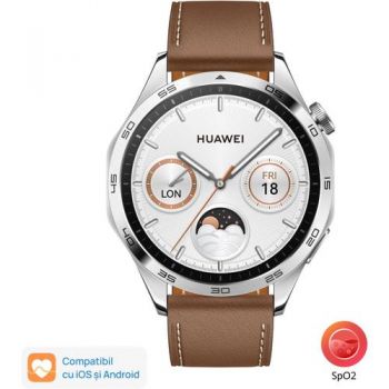 Ceas inteligent Smartwatch Huawei Watch GT 4 Classic, Ecran 1.43inch, 46mm, Bluetooth, Curea Piele, Waterproof 5 ATM (Argintiu) la reducere